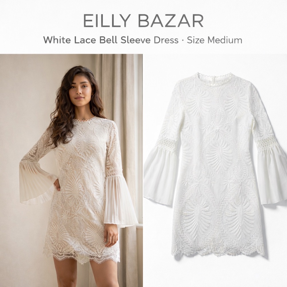 Eilly Bazar White Lace Bell Sleeve Dress Size Medium Scalloped Hem